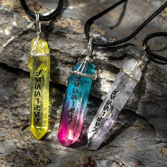 Belbren Necklaces Custom Name Kyber Crystal Necklace Jedi Lightsaber Design with Aurebesh Text