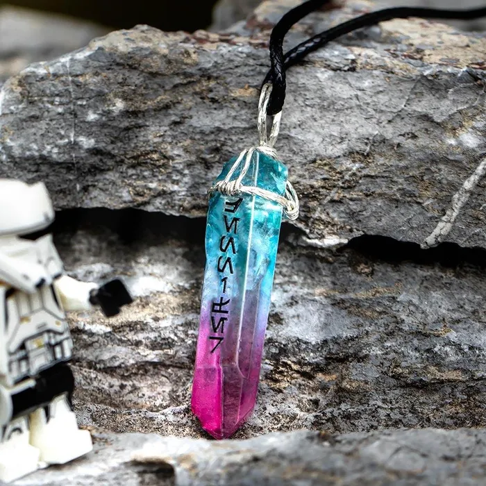 Belbren Necklaces Custom Name Kyber Crystal Necklace Jedi Lightsaber Design with Aurebesh Text