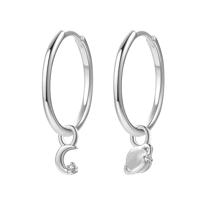 Earrings Hey Happiness Moon and Planet Charm Hoop Earrings Sterling Silver