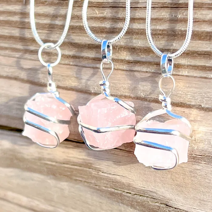 Magic Crystals Necklaces Rose Quartz Cube Spiral Wrapped Pendant Necklace