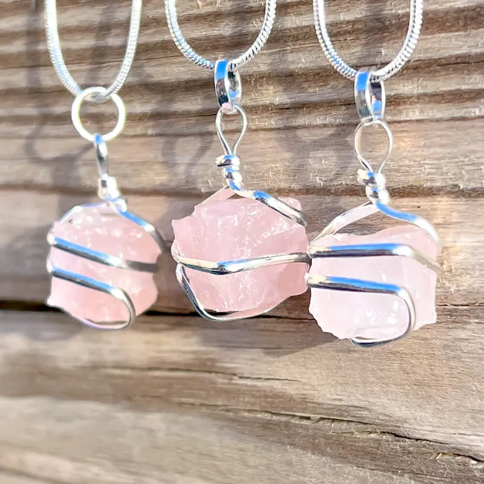 Magic Crystals Necklaces Rose Quartz Cube Spiral Wrapped Pendant Necklace