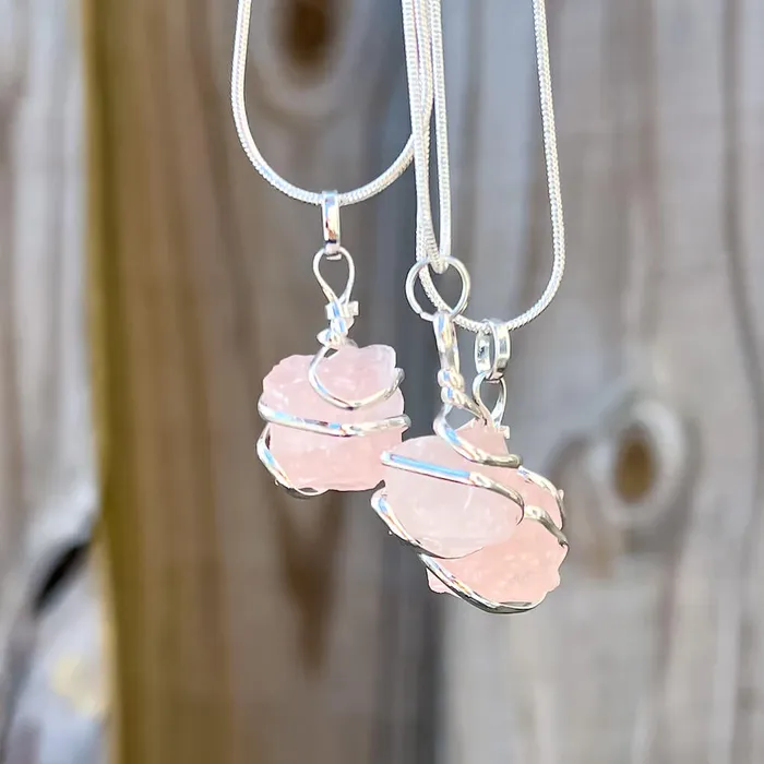 Magic Crystals Necklaces Rose Quartz Cube Spiral Wrapped Pendant Necklace