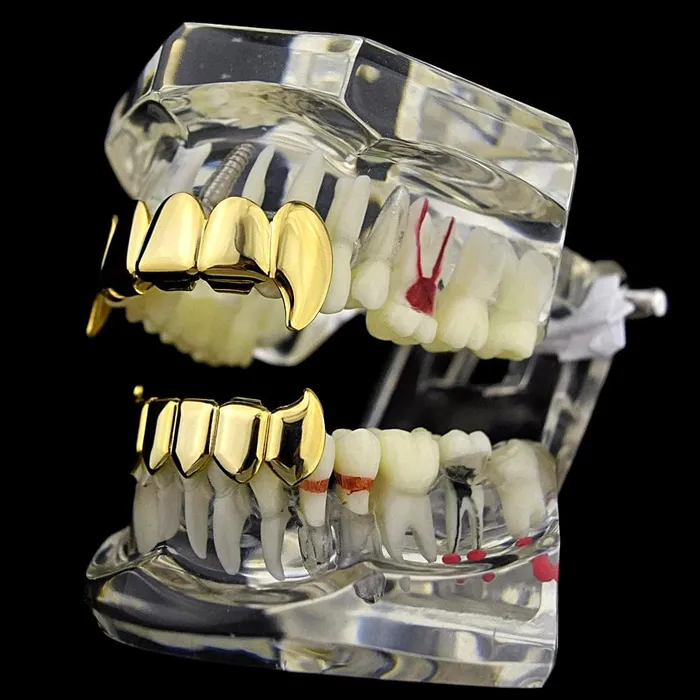 14k Gold Plated Full Vampire Fangs Grillz Set Bling Cartel Admin PreStyled Sets