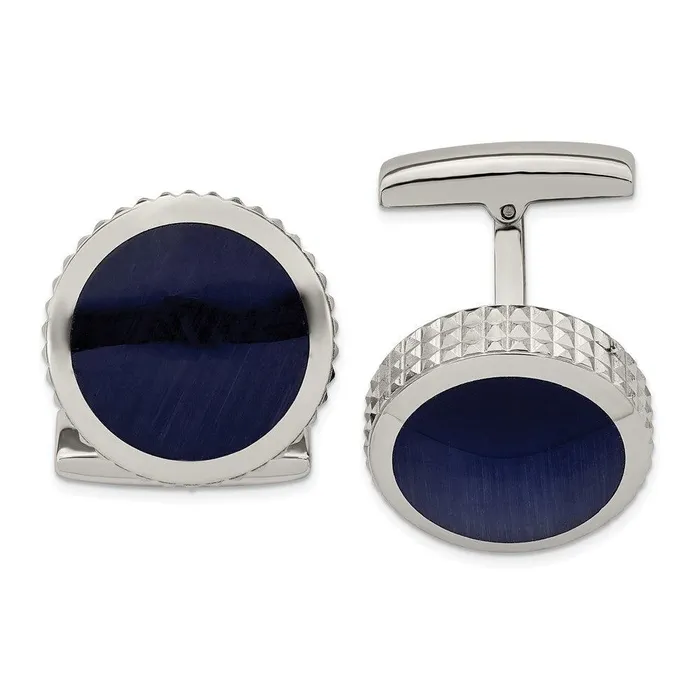 Bracelets Chisel Stainless Steel Polished Blue Cats Eye Textured Round Cufflinks Bracelets Chisel Stainless Steel Polished Blue Cats Eye Textured Round Cufflinks