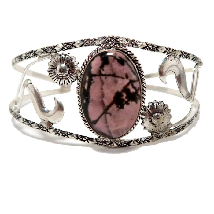 Bracelets Satin Crystals Rhodonite Bracelet Cuff Pink Flowers Sterling Silver
