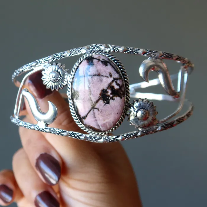 Bracelets Satin Crystals Rhodonite Bracelet Cuff Pink Flowers Sterling Silver