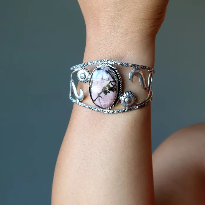 Bracelets Satin Crystals Rhodonite Bracelet Cuff Pink Flowers Sterling Silver