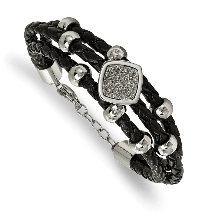 Chisel Bracelets Stainless Steel Polished wDruzy and Crystal Leather w75in ext Bracelet Chisel Bracelets Stainless Steel Polished wDruzy and Crystal Leather w75in ext Bracelet