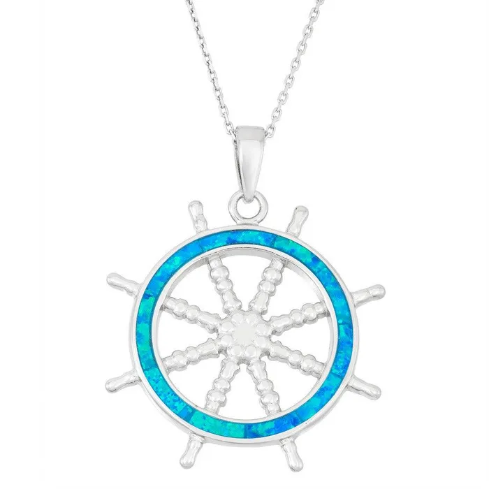 Classic Necklaces Sterling Silver Blue Inlay Opal Ships Wheel Pendant