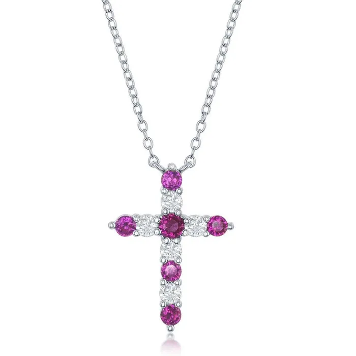 Classic Necklaces Sterling Silver Ruby CZ July Birthstone Cross Necklace