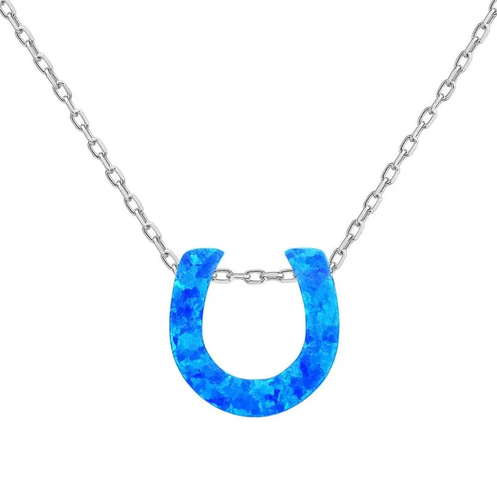 Classic Necklaces Sterling Silver Small Blue Opal Horseshoe Necklace