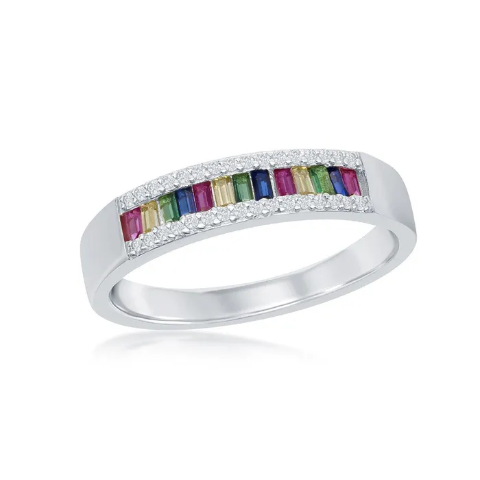 Classic Rings Sterling Silver Baguette Rainbow CZ ChannelSet Ring W2135