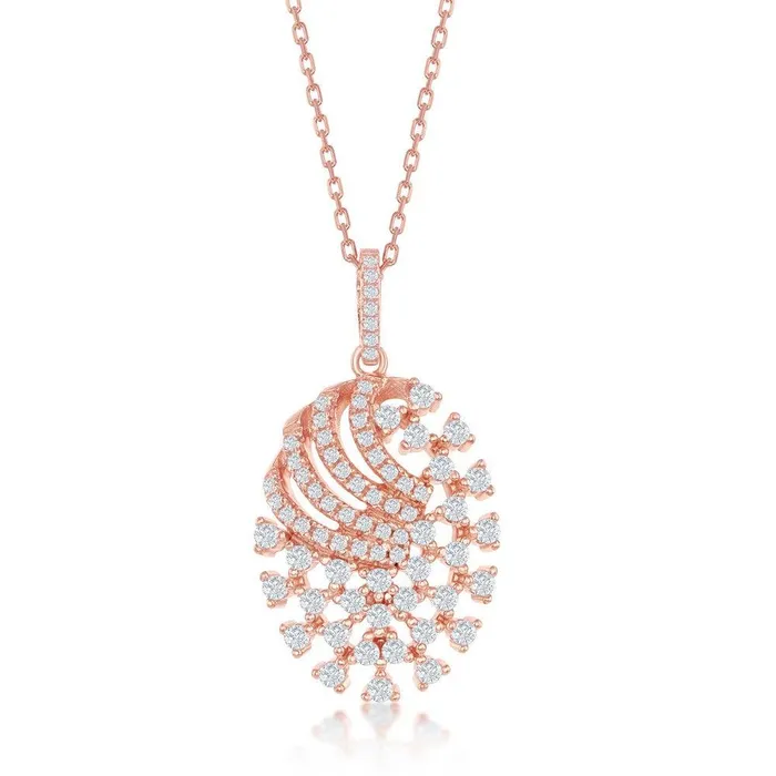 Classic Sterling Silver Rose Gold Plated Designed CZ Oval Pendant Necklaces Classic Sterling Silver Rose Gold Plated Designed CZ Oval Pendant Necklaces