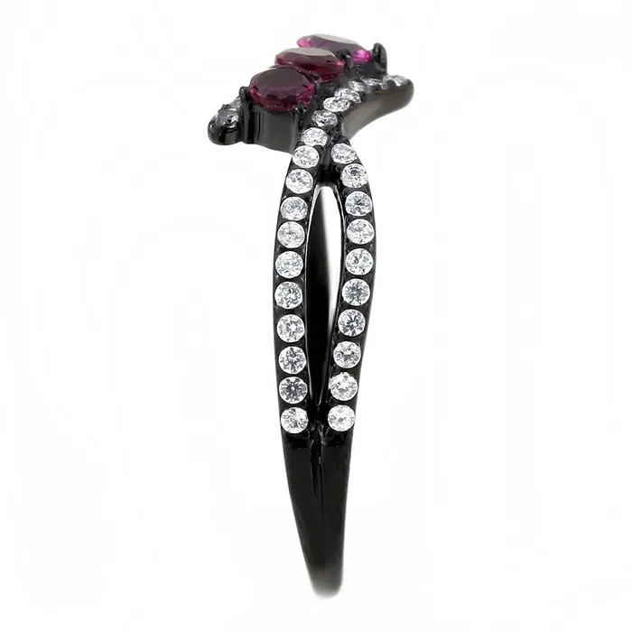 DA324 IP BlackIon Plating Stainless Steel Ring with AAA Grade CZ in Fuchsia Alamode Rings