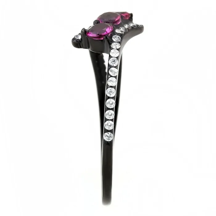 DA324 IP BlackIon Plating Stainless Steel Ring with AAA Grade CZ in Fuchsia Alamode Rings