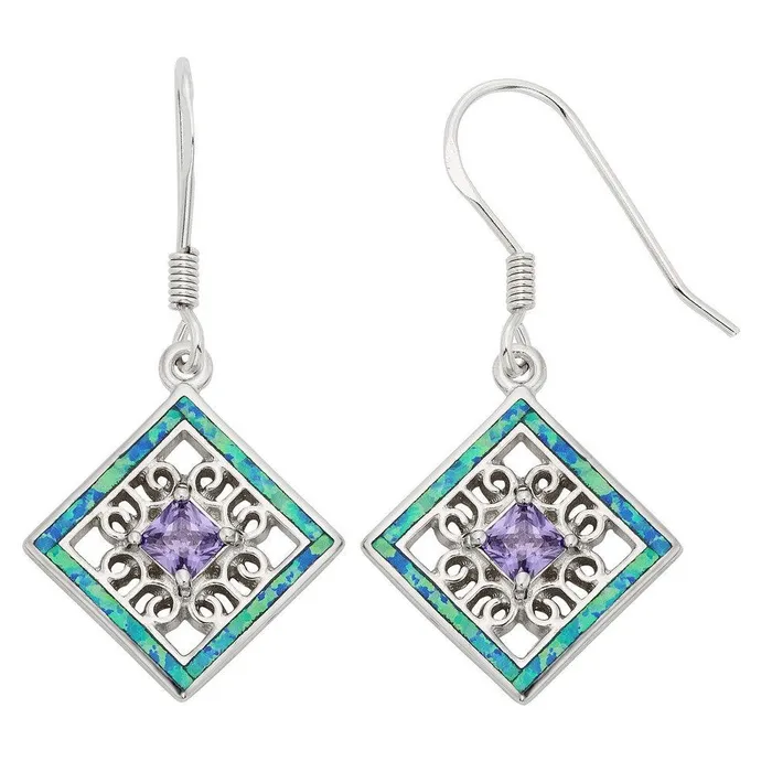 Earrings Classic Sterling Silver Blue Inlay Opal Square Earrings