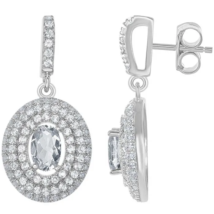 Earrings Classic Womens Earrings Silver Oval Shape with Broder White Topaz BLD6112 Earrings Classic Womens Earrings Silver Oval Shape with Broder White Topaz BLD6112