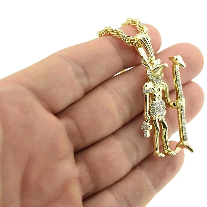 Necklaces Bling Cartel Admin Anubis Figure Pendant Gold Finish Rope Chain Necklace 24