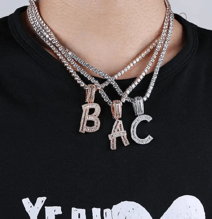 Necklaces VVS Jewelry Initial Iced out Baguette Letter Pendant FREE Chain