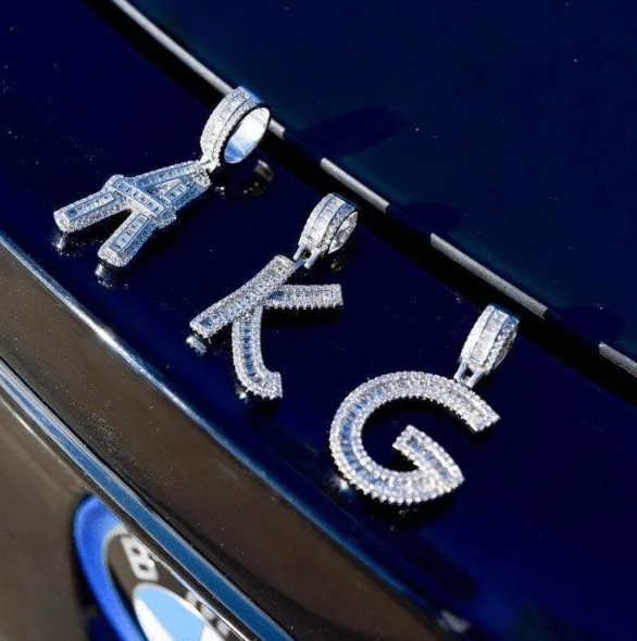 Necklaces VVS Jewelry Initial Iced out Baguette Letter Pendant FREE Chain