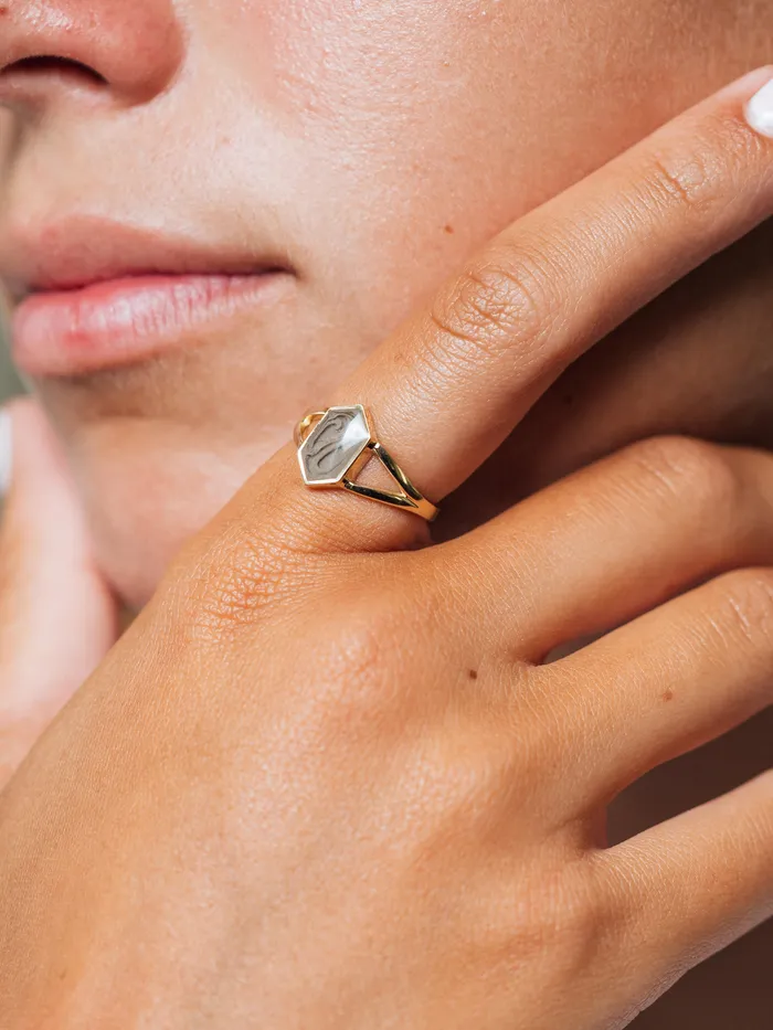 Rings closebymejewelry Hexagon Split Shank Cremation Ring in 14K White Gold