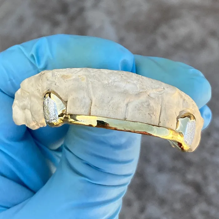 Rings Real 10K Solid Gold Diamond Dust TwoTone Canines Front Bar Custom Grillz Bling Cartel Admin