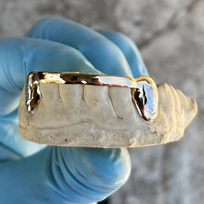Rings Real 10K Solid Gold Diamond Dust TwoTone Canines Front Bar Custom Grillz Bling Cartel Admin