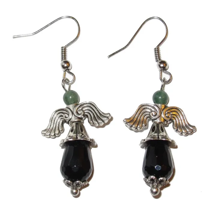 Satin Crystals Earrings Onyx Earrings Flying Black Angel Green Aventurine