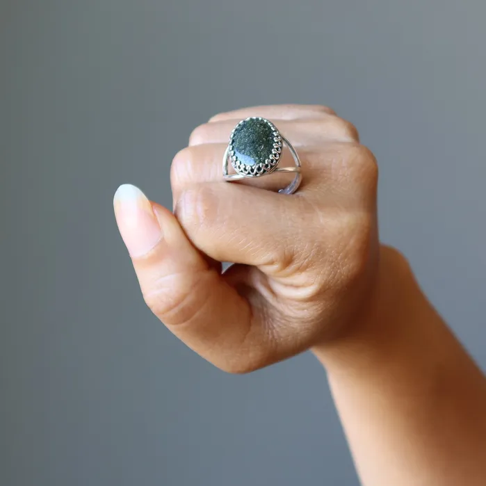 Satin Crystals Rings Serpentine Ring Green Gem Sterling Silver Adjustable