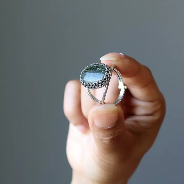 Satin Crystals Rings Serpentine Ring Green Gem Sterling Silver Adjustable