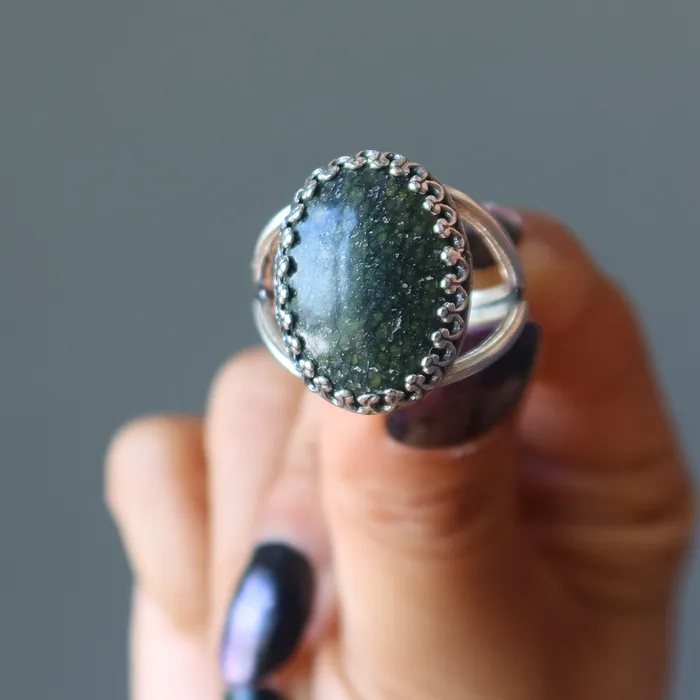 Satin Crystals Rings Serpentine Ring Green Gem Sterling Silver Adjustable
