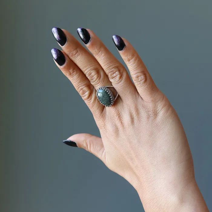 Satin Crystals Rings Serpentine Ring Green Gem Sterling Silver Adjustable