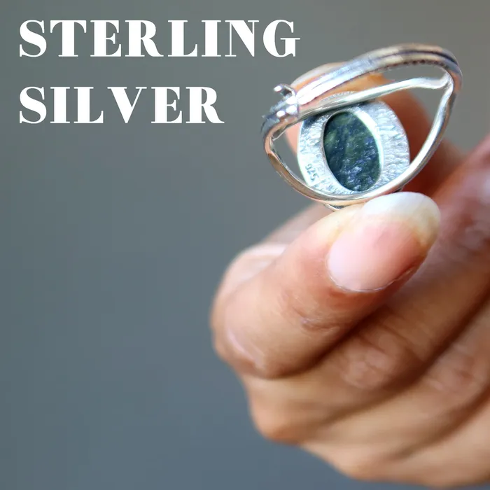 Satin Crystals Rings Serpentine Ring Green Gem Sterling Silver Adjustable