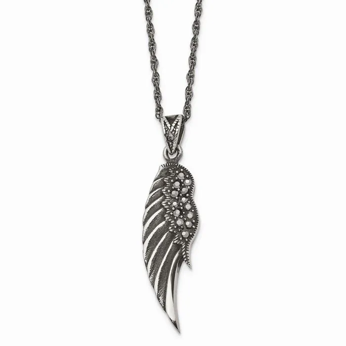 Stainless Steel Marcasite and Antiqued Wing Pendant 20 inch Necklace Chisel Necklaces Stainless Steel Marcasite and Antiqued Wing Pendant 20 inch Necklace Chisel Necklaces