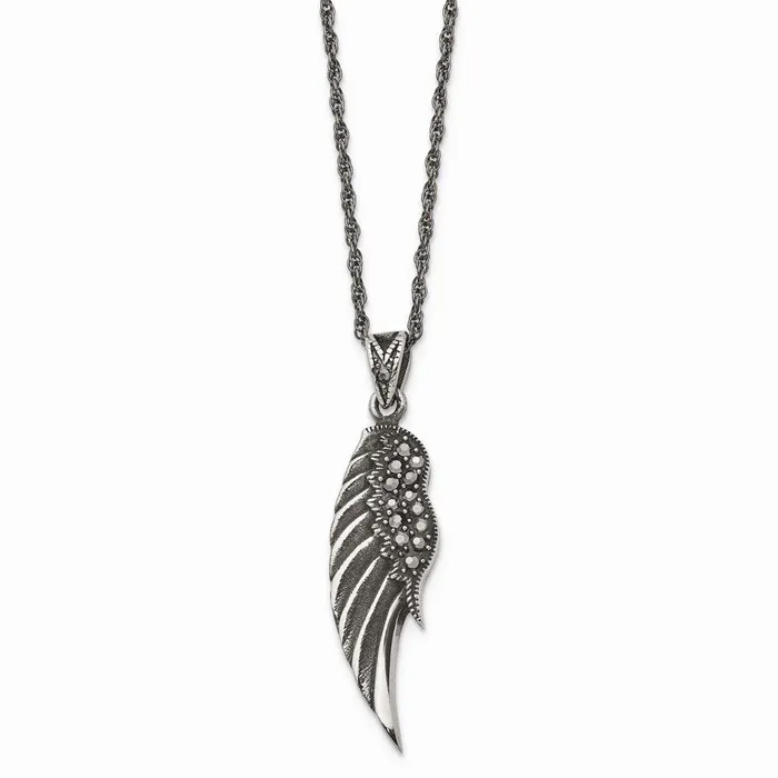 Stainless Steel Marcasite and Antiqued Wing Pendant 20 inch Necklace Chisel Necklaces Stainless Steel Marcasite and Antiqued Wing Pendant 20 inch Necklace Chisel Necklaces