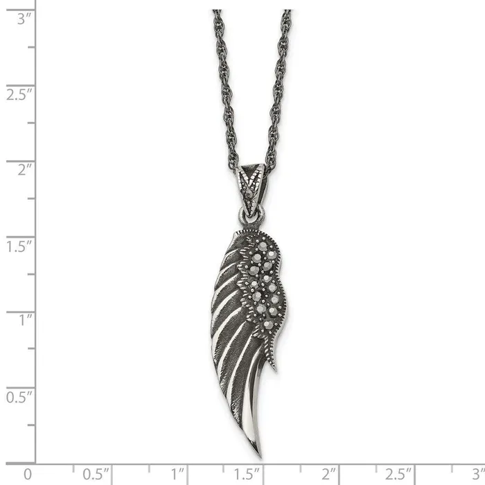 Stainless Steel Marcasite and Antiqued Wing Pendant 20 inch Necklace Chisel Necklaces Stainless Steel Marcasite and Antiqued Wing Pendant 20 inch Necklace Chisel Necklaces