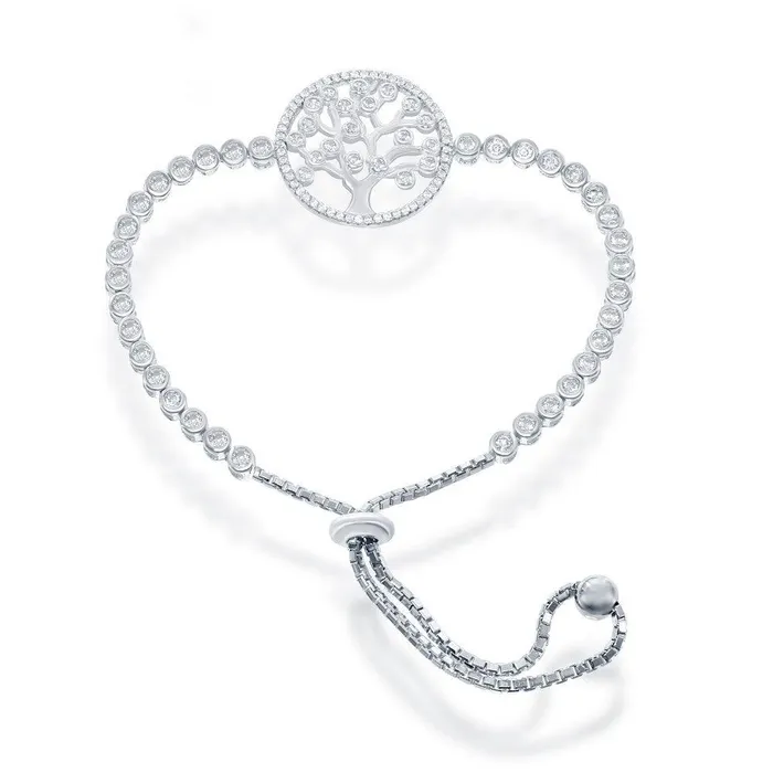 Sterling Silver Adjustable Round CZ Tree Bolo Bracelet Classic Bracelets