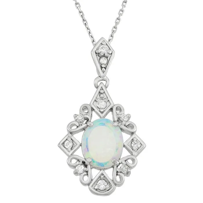 Sterling Silver Oval Opal Stone CZ Pendant Classic Necklaces