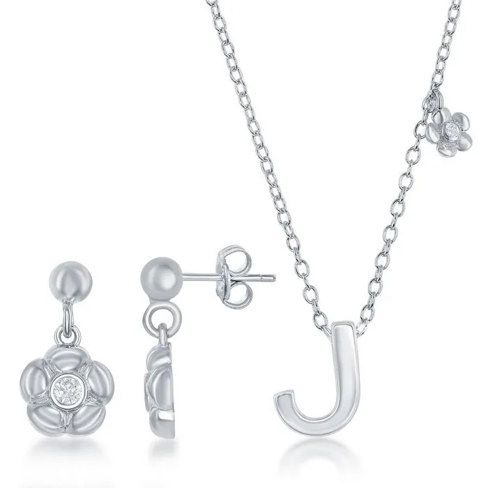 Sterling Silver Shiny J Necklace and Earrings Set Classic Earrings