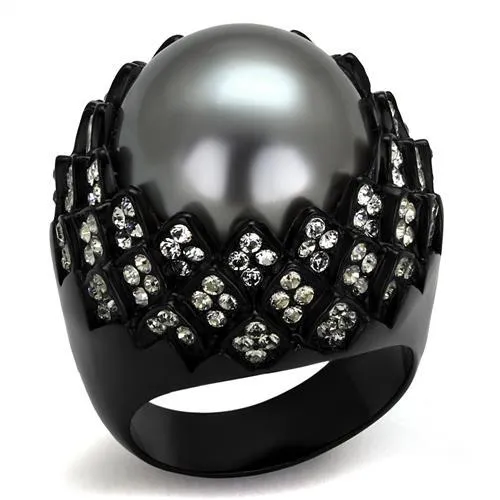 TK2483 IP BlackIon Plating Stainless Steel Ring with Synthetic Pearl in Gray Alamode Rings TK2483 IP BlackIon Plating Stainless Steel Ring with Synthetic Pearl in Gray Alamode Rings
