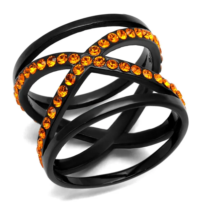 TK2645 IP BlackIon Plating Stainless Steel Ring with Top Grade Crystal in Orange Alamode Rings TK2645 IP BlackIon Plating Stainless Steel Ring with Top Grade Crystal in Orange Alamode Rings