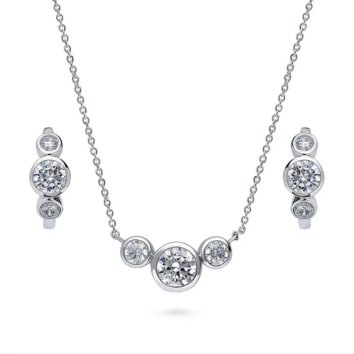 BERRICLE 3Stone CZ Necklace and Earrings in Sterling Silver Necklaces