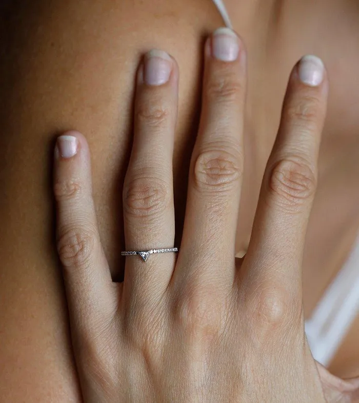 Capucinne Rings Dainty Triangle Cut Diamond Ring with Diamond Pave Band