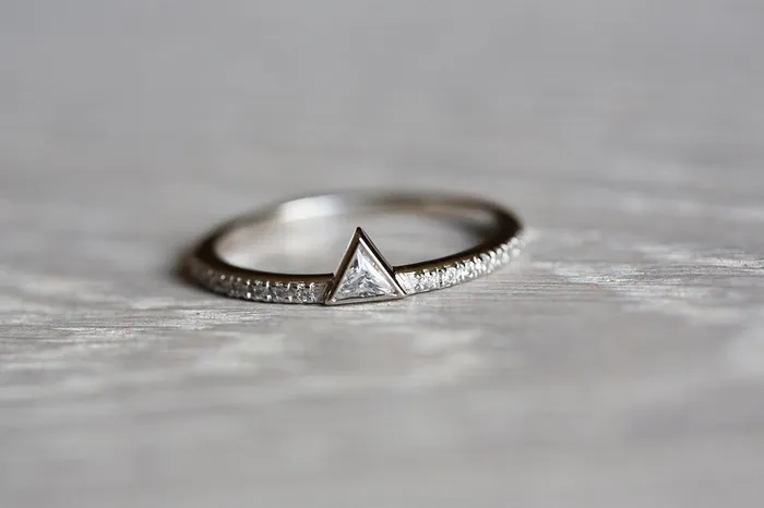 Capucinne Rings Dainty Triangle Cut Diamond Ring with Diamond Pave Band
