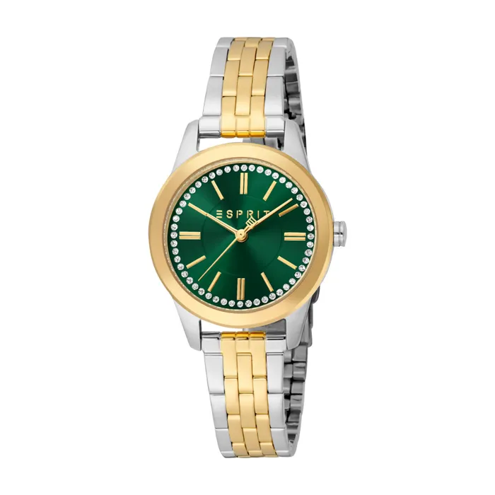 ESPRIT Womens Two Tone Silver Gold Color Watch with Dark Green Dial Esprit Rings ESPRIT Womens Two Tone Silver Gold Color Watch with Dark Green Dial Esprit Rings
