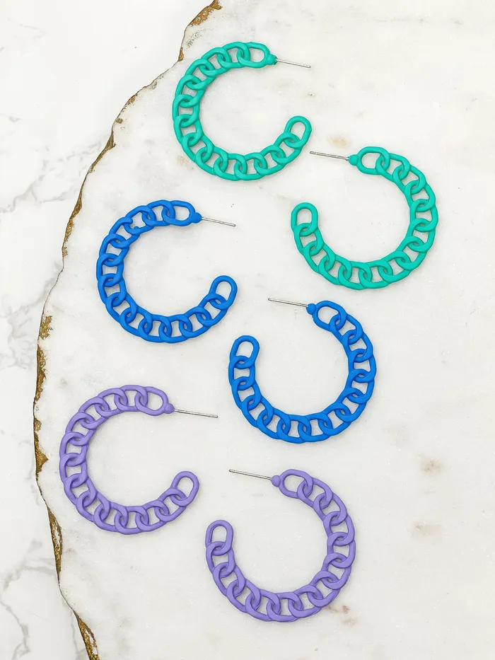 Prep Obsessed JJ Earrings Painted Metal Chain Hoop Earrings Purple