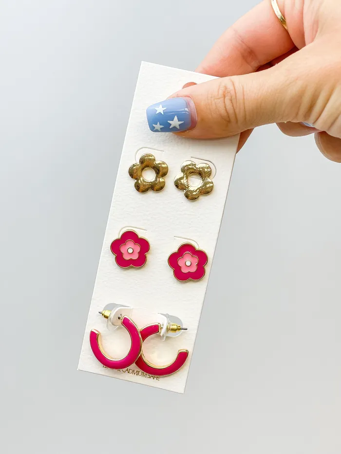 Prep Obsessed PR Earrings Simple Enamel Flower Earrings Set Pink