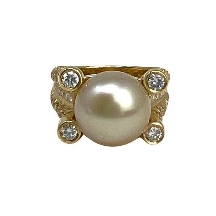 Tishman Lipp Rings Tishman Lipp 18K Gold Ring with 106 Diamonds and Golden Pearl