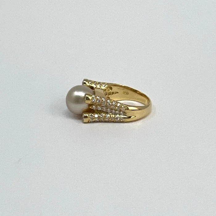 Tishman Lipp Rings Tishman Lipp 18K Gold Ring with 106 Diamonds and Golden Pearl