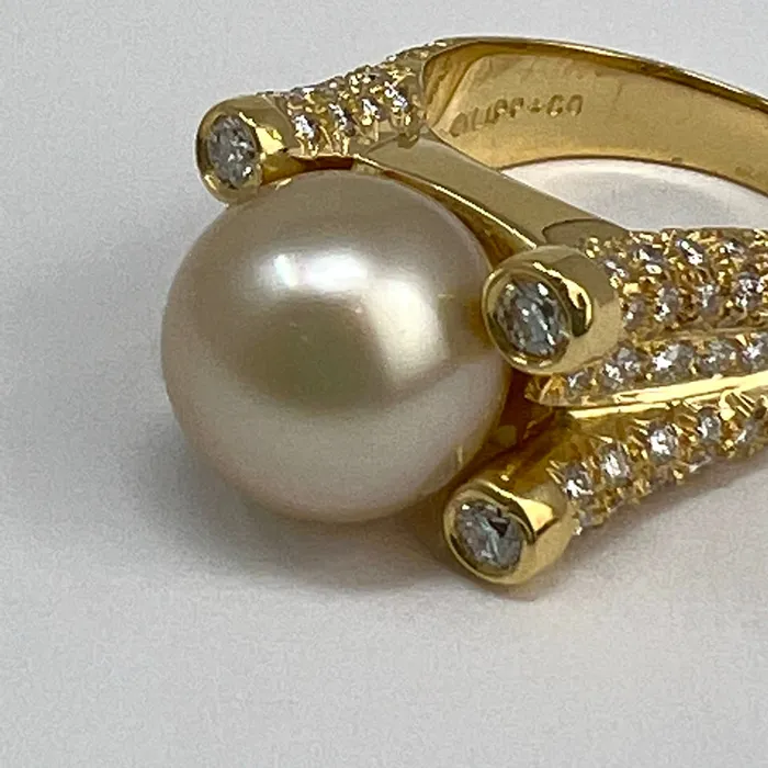 Tishman Lipp Rings Tishman Lipp 18K Gold Ring with 106 Diamonds and Golden Pearl